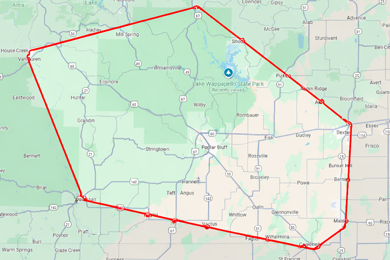 Bootheel Roofing service area map including Advance Missouri